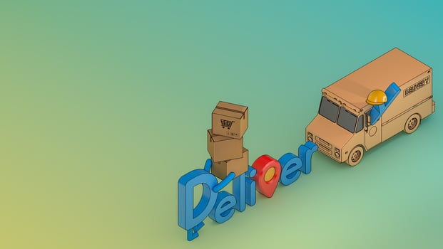 Character cartoon delivery font with truck van and many parcel box.,Online mobile application order transportation service, 3D rendering. photo