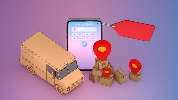 Mobile phone and truck van with many paper box and red pin pointers.,Online mobile application order transportation service and Shopping online and Delivery concept.,3D rendering. photo