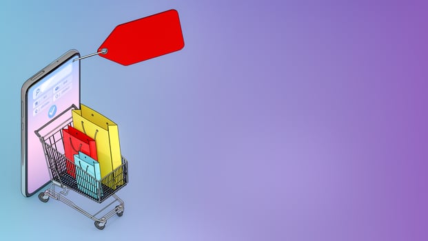 Many Shopping bag and price tag and credit card in a shopping cart appeared from smartphones screen., shopping online or shopaholic concept, 3D rendering. photo