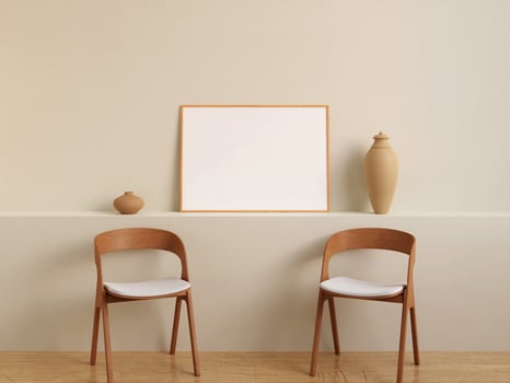 Modern and minimalist horizontal wooden poster or photo frame mockup on the wall in the living room. 3d rendering.