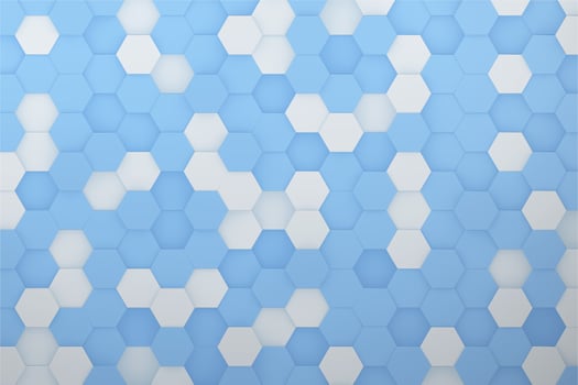 White and blue hexagon shape moving up down randomly. Abstract top view honeycomb 3D illustration rendering photo