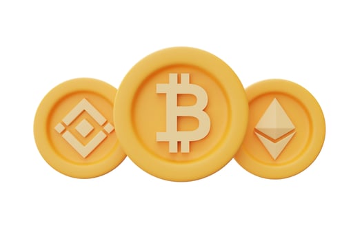 Set of golden cryptocurrency coins with Bitcoin,Ethereum,Binance isolated on white background,blockchain technology,minimal style.3d rendering. photo