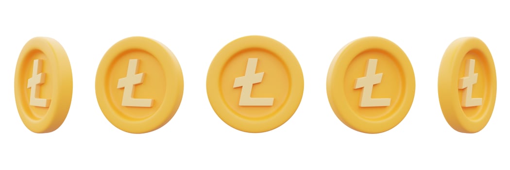 Set of golden Litecoin coins isolated on white background,cryptocurrency,blockchain technology,minimal style.3d rendering. photo