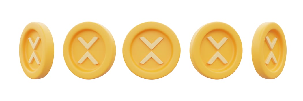 Set of golden Xrp coins isolated on white background,cryptocurrency,blockchain technology,minimal style.3d rendering. photo
