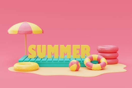 3d rendering of summer vacation concept with colorfull summer elements,minimal style.3d render. photo