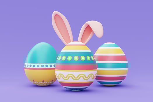 Colorful easter eggs with bunny ears on purple backgound,happy easter holiday concept.minimal style,3d rendering. photo
