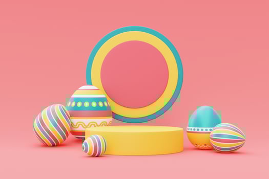 3d render of colorful easter eggs with podium,happy easter holiday concept.minimal style,3d rendering. photo