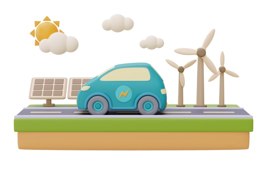 Alternative source of electricity concept,Electric car on a road with wind turbines and solar panels in the background,eco friendly,clean energy,3d rendering. photo