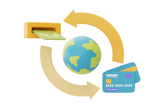 Business, finance or currency exchange concept,Globe with blue credit cards and banknotes,Digital payment,currency rate increase statistic,3d rendering photo