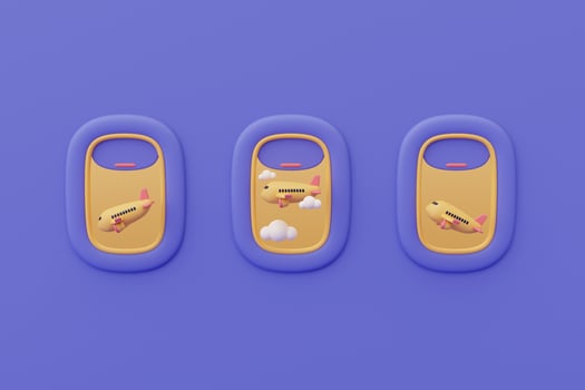3d render of airplane window with airplane in the sky,Tourism and travel concept,holiday vacation.minimal style. photo