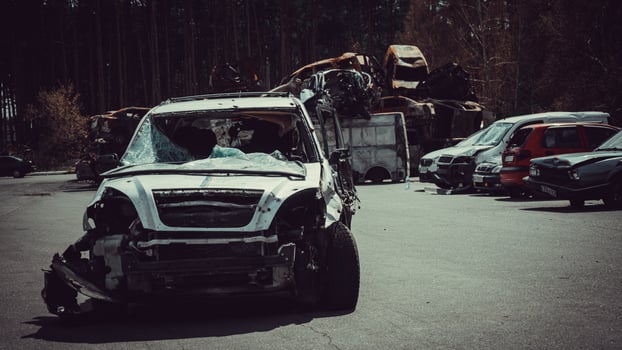 Irpin, Kyiv region, Ukraine - 28 April 2022.  Car graveyard in Irpin, consequences of the invasion of the Russian army in Ukraine. photo