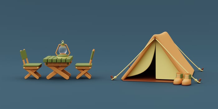 Wooden table with lantern outside tent on camping site,holiday vacation concept.minimal style.3d rendering. photo