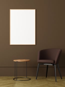 Modern and minimalist vertical wooden poster or photo frame mockup on the wall in the living room. 3d rendering.