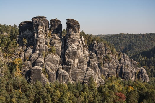Landscape in mountains in Czech Switzerland national park, pine forest and rocks photo