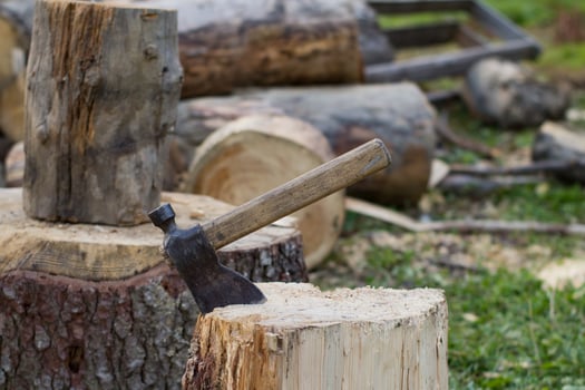 Close up piture of chopping firewood, country photo with wood and axe