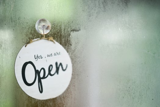 The open sign of the coffee shop in the glass room. photo