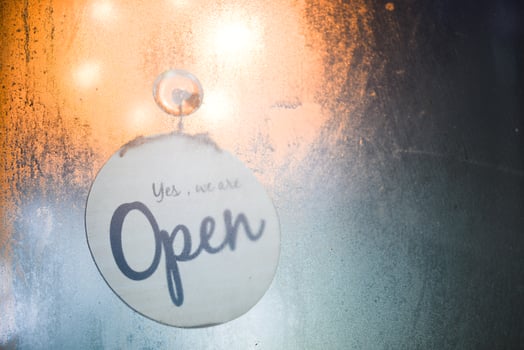 The open sign of the coffee shop in the glass room. photo