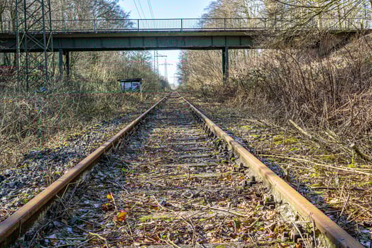 Old and rustic railroad with dried leaves and grasses during autumn photo