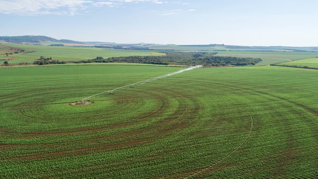 Agricultural irrigation system on sunny summer day. An aerial view of a center pivot sprinkler system. photo