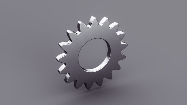 Metallic gear symbol on a gray background. 3D gear mechanism. 3D Rendering. photo