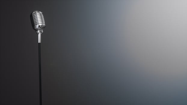 Retro silver microphone on gray background. 3D Rendering. photo