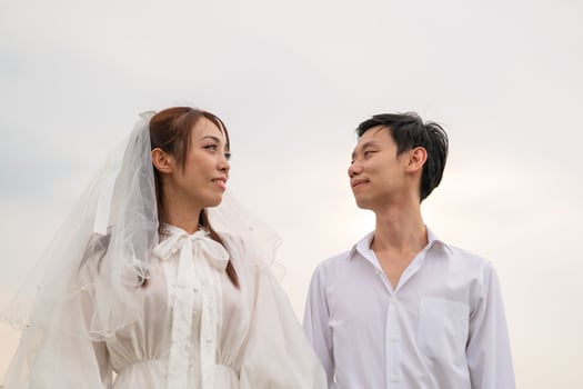 Happy young Asian couple in bride and groom clothing photo
