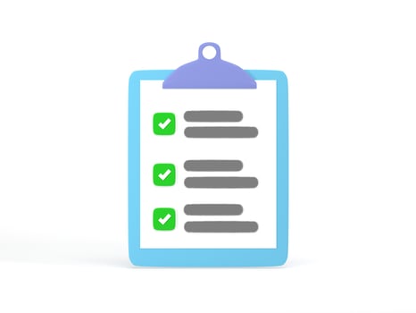 3D rendering, 3D illustration. Clipboard task management todo checklist on white background. Documents icon concept. photo