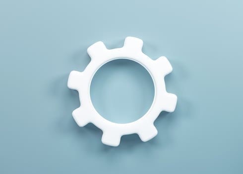 3D rendering, 3D illustration. Minimal gear symbol on blue background. Gear simple icon cogwheel concept. photo