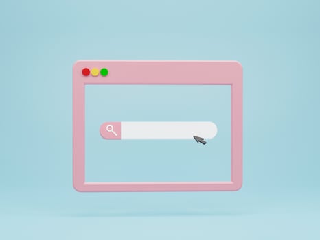 3D rendering, 3D illustration. Minimal video media player Interface with Search bar on blue background. Concept of searching internet data and web browsing photo