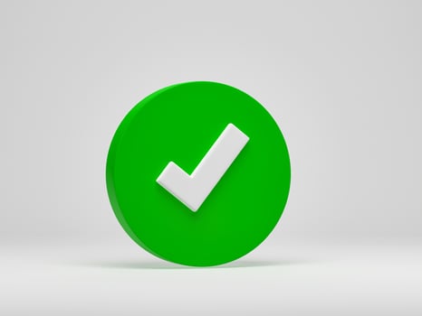 3D rendering, 3D illustration. Green check mark icon isolated on white background. checkmark symbol accepted. photo