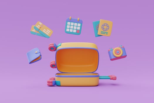 Opened yellow suitcase with wallet,tickets,calendar,passport,camera.Tourism and travel plan to trip,holiday vacation,3d rendering photo