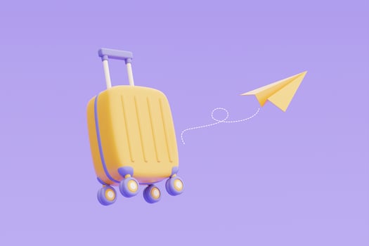 Time to travel concept,Booking airline tickets online with yellow suitcase,Tourism and travel plan to trip,holiday vacation,3d rendering photo