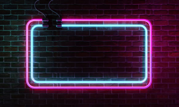 Neon sign banner with copy space on brick wall background. Abstract art and object concept. 3D illustration rendering photo