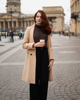 Beautiful serious stylish fashionable smart girl holding cup of coffee in hands goes walking down street of St. Petersburg in city center. Charming thoughtful woman with long dark hair photo