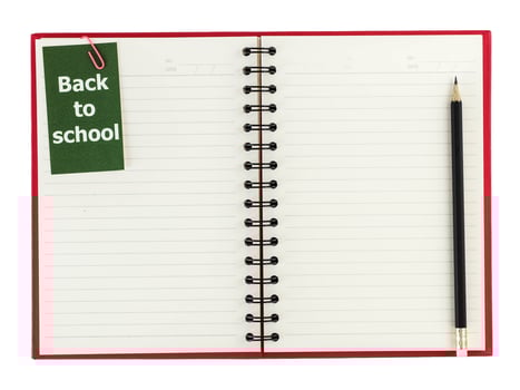 Blank notebook  ,pencil and lebel back to school isolated photo