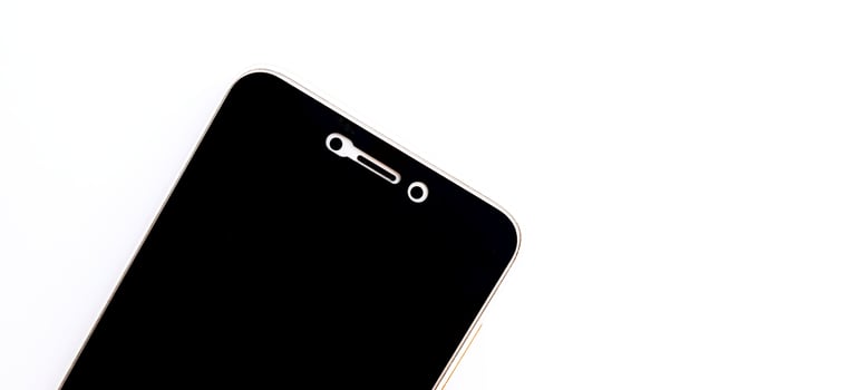 Front display of black screen of smartphone device. A half smartphone body view design. Suitable for advertising, promotion, technology agency, poster, backdrop, etc. photo