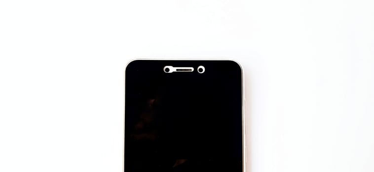 Front display of black screen of smartphone device. A half smartphone body view design. Suitable for advertising, promotion, technology agency, poster, backdrop, etc. photo