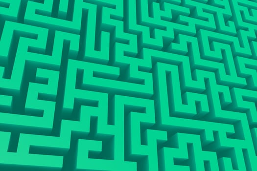 Green perspective isometric maze 3d rendering background. Volume three-dimensional labyrinth pattern design photo