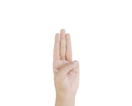 Close up Asian female15-20 age hand show Number three finger, sign arm and hand isolated on a white background copy space symbol language photo
