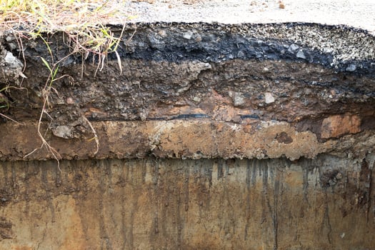 Concrete gravel stone under the eroded road. photo