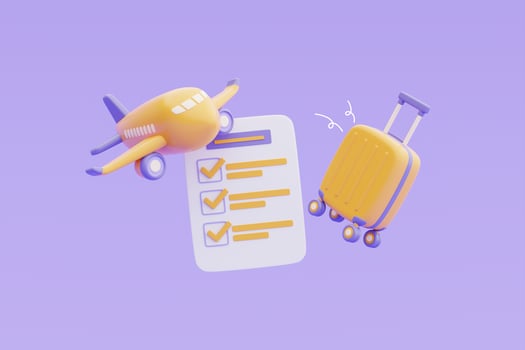 Tourism and travel plan to trip concept with checklist,yellow suitcase and airplane,Time to travel concept,holiday vacation,3d rendering photo