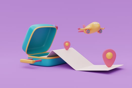 Opened green suitcase with airplane,blank map and location pin.Tourism and travel plan to trip,holiday vacation,3d rendering photo