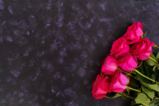 Bouquet of pink roses on dark background. Top view photo