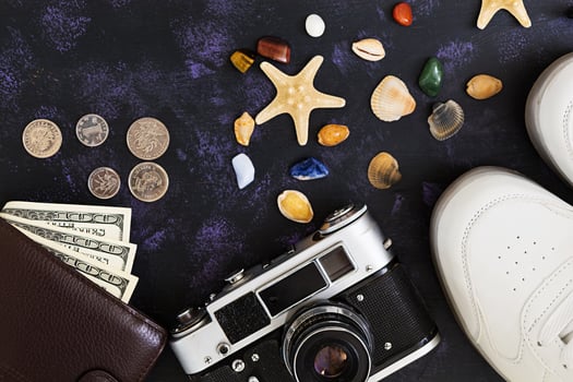 Overhead view of traveler's accessories. Travel concept. Top view photo