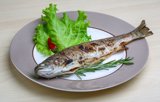Grilled trout on the plate and wooden background photo