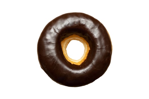 Donut with chocolate glaze isolated on white background. Top view. Unhealthy food photo