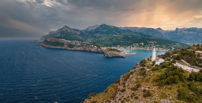Beautiful aerial view of the lighthouse near harbour of Port de Soller photo