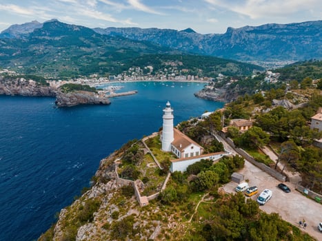 Beautiful aerial view of the lighthouse near harbour of Port de Soller photo
