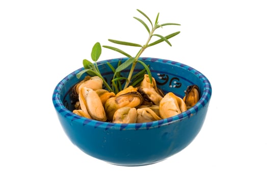 Marinated mussels in a bowl on white background photo