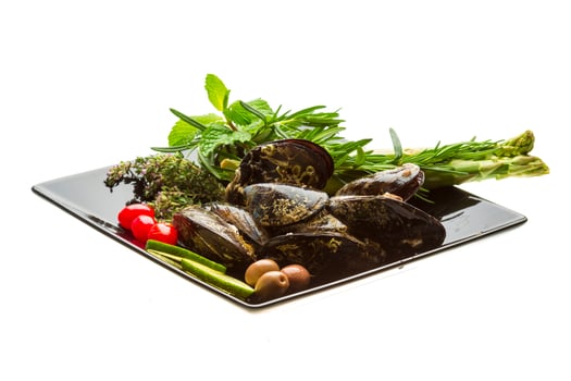 Wild mussel on the plate and white background photo